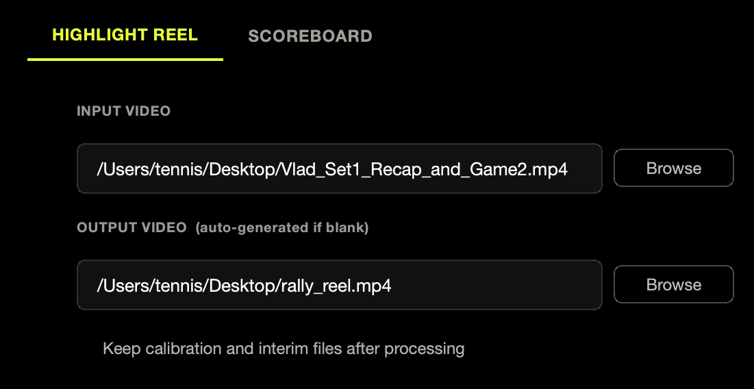 The Highlight Reel tab: an input video path with a Browse button and an output path.